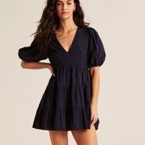 Abercrombie & Fitch Woven Poplin Plunge Puff Sleeve Tiered Mini Dress XS